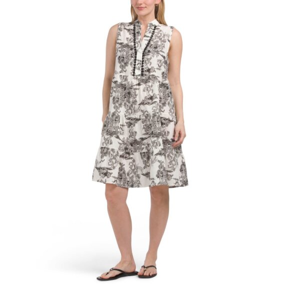 FRANCESCA BETTI  Italy Linen Blend Sleeveless Toile Print Tiered Mini Dress - Picture 1 of 2